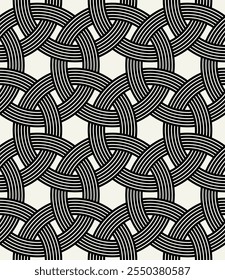 Vector seamless pattern. Abstract background with interweaving rings. Geometric monochrome texture. Celtic confused grid. Interlaced knotwork.