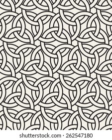 Vector seamless pattern. Abstract background with intersecting rings. Geometric monochrome illustration. Celtic twisted grid