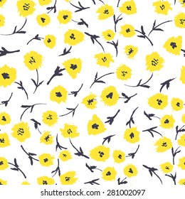 Vector seamless pattern. Abstract background with flowers made with brush strokes. Cute hand drawn texture. Artistic tileable theme with flowers.