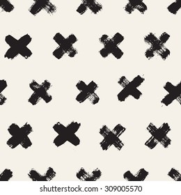 Vector seamless pattern. Abstract background with brush strokes. Monochrome hand drawn print. Hipster monochrome texture with crosses or pluses. Trendy graphic design.