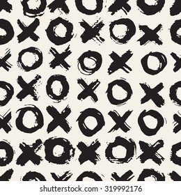 Vector seamless pattern. Abstract background with brush strokes. Monochrome hand drawn print with hipster XOXO. Trendy monochrome texture with simbols of hugs and kisses. Trendy graphic design.