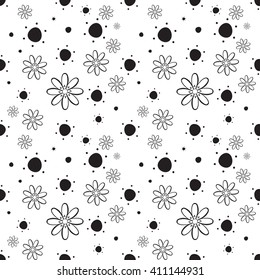 Vector seamless pattern abstract background with round brush strokes and flowers. Monochrome hand drawn polka dot