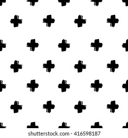 Vector seamless pattern. Abstract background with brush strokes. Monochrome hand drawn print. Hipster monochrome texture with crosses or pluses. Trendy graphic design.