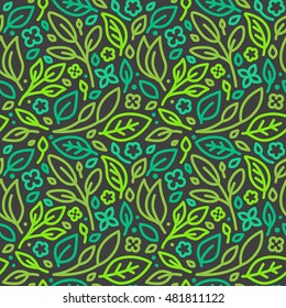 Vector Seamless Pattern And Abstract Background With Green Leaves And Flowers - For Organic And Healthy Food Packaging, Natural Cosmetics And Vegan Products