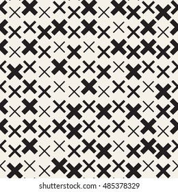 Vector seamless pattern. Abstract background with hipster symbol of hugs. Monochrome hand drawn print. Trendy monochrome texture. Black crosses or pluses of different thickness. Trendy graphic design.