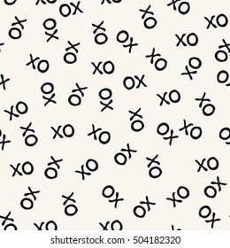 Vector seamless pattern. Abstract background with monochrome hand drawn print. Trendy monochrome texture with simbols of hugs and kisses. Trendy graphic design with hipster XOXO.