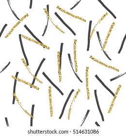 Vector seamless pattern. Abstract background with brush strokes. Grey and gold glitter hand drawn texture. Modern graphic design.