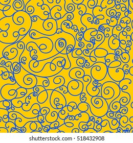 Vector seamless pattern. Abstract background with linear doodles. Repeating texture. Yellow and bright blue