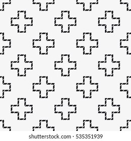 Vector seamless pattern. Abstract background with hipster symbol of hugs. Monochrome cute print. Trendy monochrome texture. Crosses and pluses. Contemporary graphic design.
