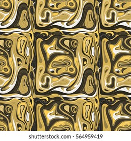 Vector seamless pattern. Abstract background in trendy golden colors with repeating structure of square elements with distorted surfaces.