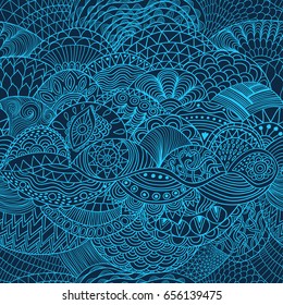 Vector seamless pattern abstract background with colorful ornament. Hand draw illustration, coloring book zentangle. Algae sea motif.