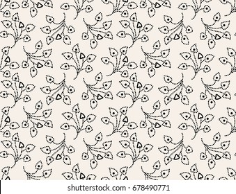 Vector seamless pattern. Abstract background with dot flowers made with brush stripes strokes. Monochrome hand drawn texture.