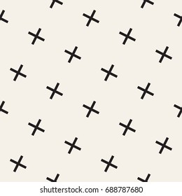 Vector seamless pattern. Abstract background with hipster symbol of hugs. Monochrome geometric print. Trendy black and white texture. Black crosses or pluses. Modern simple graphic design.