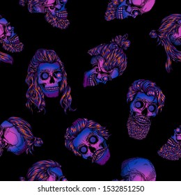 Vector seamless pattern with abstract  bearded skulls. Gradient fill, bright trend colors: purple, blue on a black background.  Halloween.