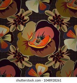 Vector seamless pattern of abstract beige, orange and brown poppies. Vintage Motley Poppies (hand drawn).