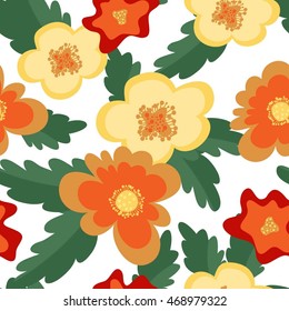 Vector seamless pattern with abstract big flowers in red, orange and green colors