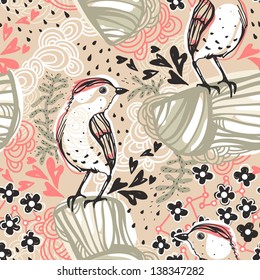 vector seamless pattern with abstract birds and floral elements