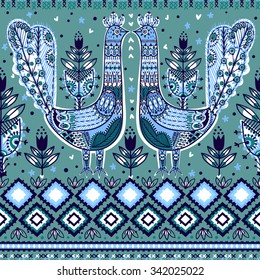 vector  seamless pattern with abstract birds and folk ornaments