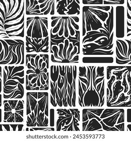 Vector seamless pattern with abstract black flowers, leaves and branches isolated on white background. Monochrome floral illustration template for textile print, card, poster, invitation