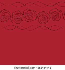 Vector seamless pattern with abstract black and red roses silhouette. Decorative floral background with horizontal flowers of roses silhouette with copy space (place for your text).