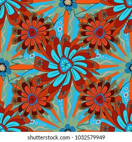 Vector seamless pattern with abstract blue, orange and green flowers. Background floral design for wedding, engagement, cosmetics, perfume, beauty products. Best for wrapping paper.