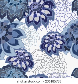 Vector seamless pattern with abstract blue flowers on white background. Endless vector illustration for textiles, interior design, for book design, website background.