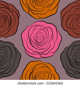 Vector seamless pattern with abstract brown, pink and orange roses. Decorative floral background with flowers of roses.