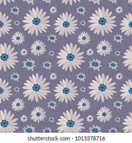 Vector seamless pattern with abstract chamomiles.Pale violet background with daisies.