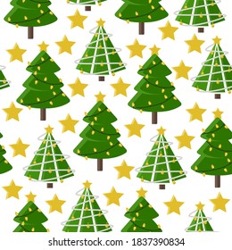 Vector seamless pattern with abstract Christmas trees and stars on a white background. The new year's style pattern can be used for: wrapping paper, pajamas, greeting cards, towels, mugs, banners