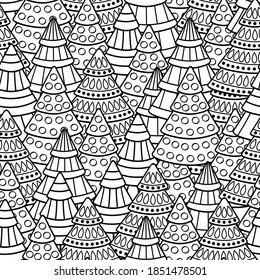 Vector seamless pattern with abstract Christmas trees, coloring page for kids and adults