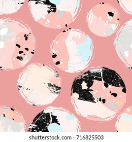 Vector seamless pattern with abstract circles. Brush strokes, paint splashes and stone textures. Trendy geometric design for paper, cover, fabric, interior decor and other users.