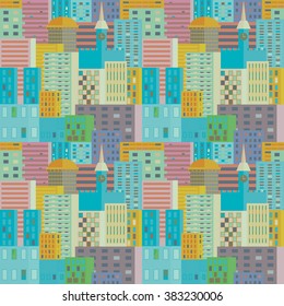Vector seamless pattern. Abstract city in blue, green, yellow colors