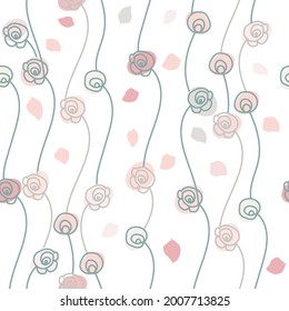 Vector seamless pattern with abstract climbing roses and petals of delicate translucent shades.