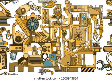 Vector seamless pattern. Abstract color industrial background with fictional robot hands and details of machines illustrating modern or retro technology concept, or steampunk concept. Hand drawn.