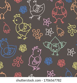 Vector seamless pattern with abstract colored contours of the funny hand-drawn chickens, birds, flowers, leaves on a dark background, imitation of children's drawing with crayons