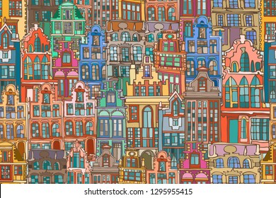 Vector seamless pattern with abstract colorful fictional Dutch houses. Hand drawn.