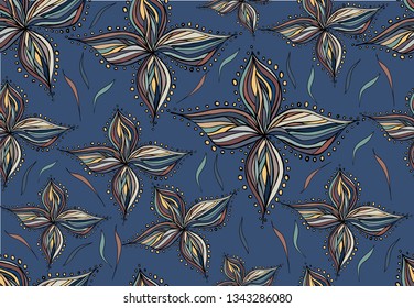 Vector seamless pattern with abstract colorful figures on a blue background. Boho style. 