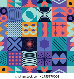 Vector seamless pattern with abstract colorful minimalistic patchwork geometric elements. Contemporary simple various shapes, curves, lines, zigzag. Poster print template, web design, textile
