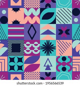 Vector seamless pattern with abstract colorful minimalistic patchwork geometric elements. Contemporary simple various shapes, curves, lines, zigzag. Poster print template, web design, textile