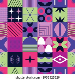 Vector seamless pattern with abstract colorful minimalistic patchwork geometric elements. Contemporary simple various shapes, curves, lines, zigzag. Poster print template, web design, textile