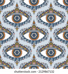 Vector seamless pattern with abstract composition. Tribal eye with ornament. Hand drawn background for relaxation and meditation.