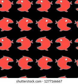 Vector seamless pattern with abstract coral fishes on an isolated black background. Vector illustration for greeting card or poster.
