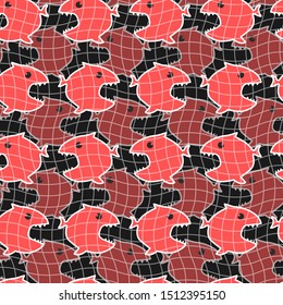 Vector seamless pattern with abstract coral fishes on an isolated black background. Vector illustration for greeting card or poster.