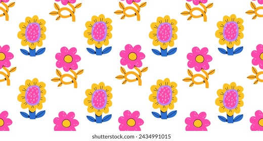 Vector seamless pattern with abstract cute spring flowers and leaves in flat cartoon style. Kids design, for fabric, wrapping, textile, wallpaper