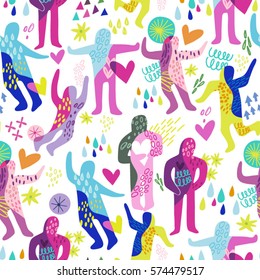 Vector seamless pattern of abstract dancing and hugging people in bright trendy color palette.