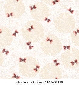 Vector seamless pattern with abstract Dandelion flowers and small butterflies on light background. Pattern can be used for wallpaper, pattern fills, web page background, surface textures