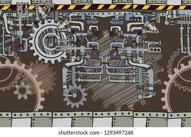 Vector seamless pattern. Abstract dark industrial background with fictional gearwheels and details of machines illustrating modern or retro technology, or steampunk concept. Hand drawn.