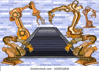 Vector seamless pattern with abstract decorative  robot arms  and conveyor belt. Industrial background illustrating industrial automation. Hand drawn.