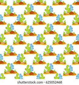 Vector seamless pattern, abstract design. Cute cartoon corals, seaweeds, stones, sand on white background, perfect for fabric, wallpaper, texture, textile, print, paper and more
