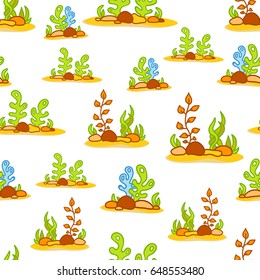 Vector seamless pattern, abstract design. Cute cartoon corals, seaweeds, stones, sand on white background, perfect for fabric, wallpaper, texture, textile, print, paper and more